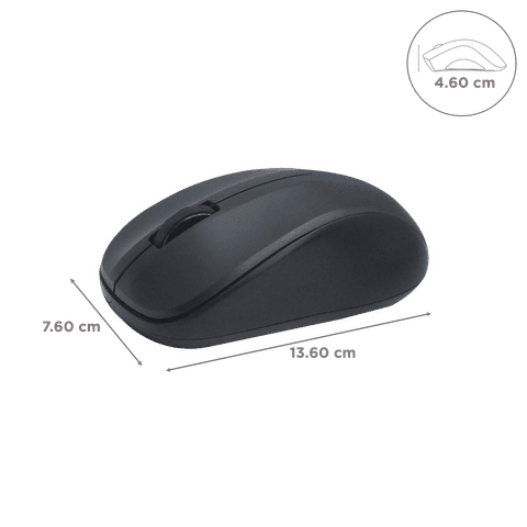 HP S500 wireless mouse in black with ergonomic design and compact size measurements
