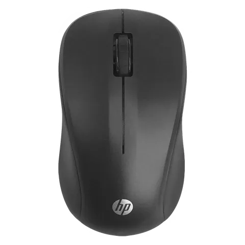 HP S500 wireless mouse in black with sleek ergonomic design and scroll wheel
