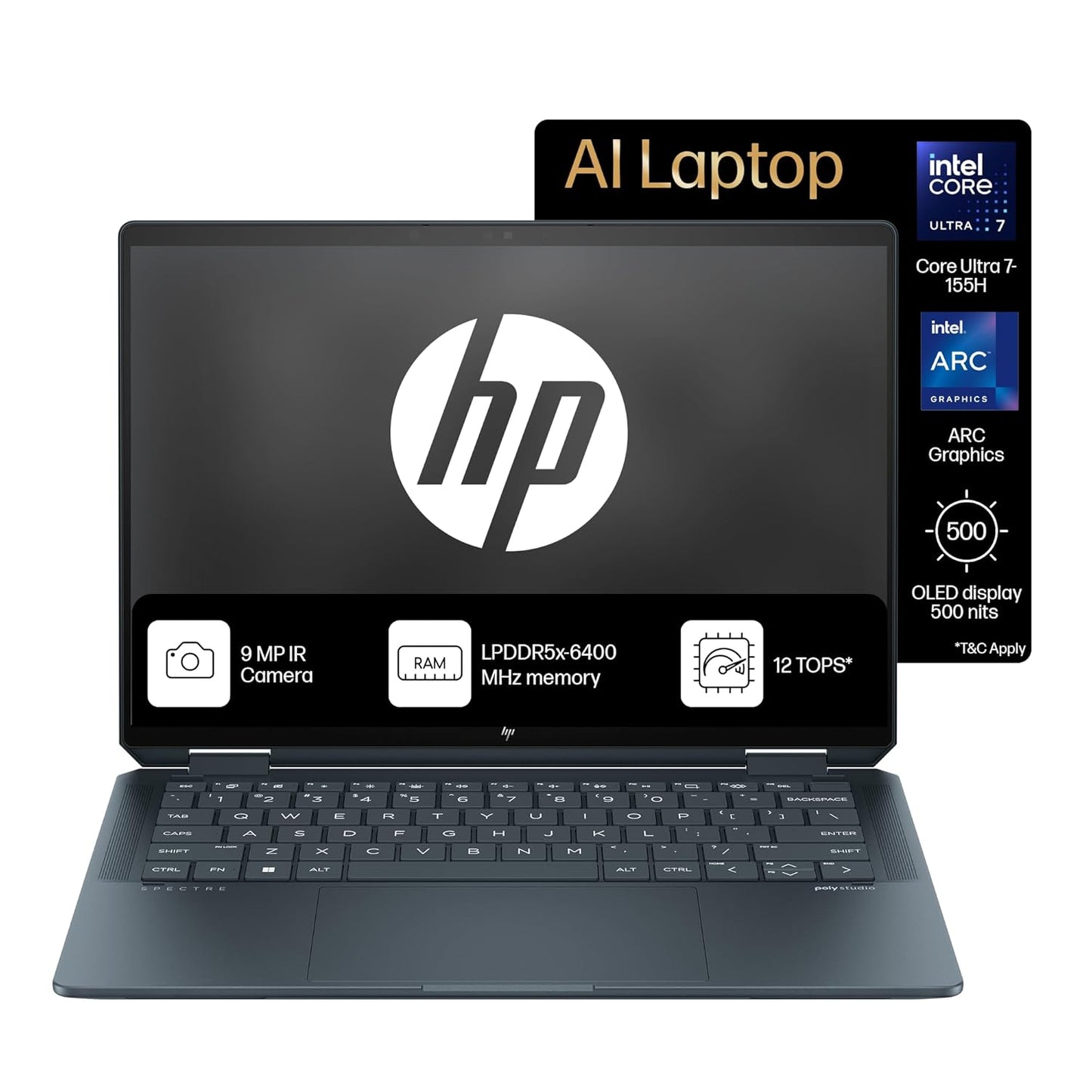 HP Spectre x360 14 Slate Blue laptop with Intel Core Ultra 7, ARC graphics, 9 MP IR camera, and OLED display