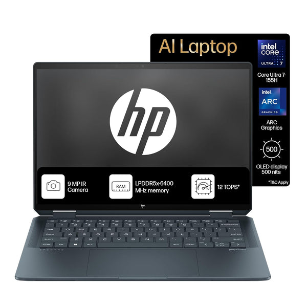 HP Spectre x360 14 Slate Blue laptop with Intel Core Ultra 7, ARC graphics, 9 MP IR camera, and OLED display