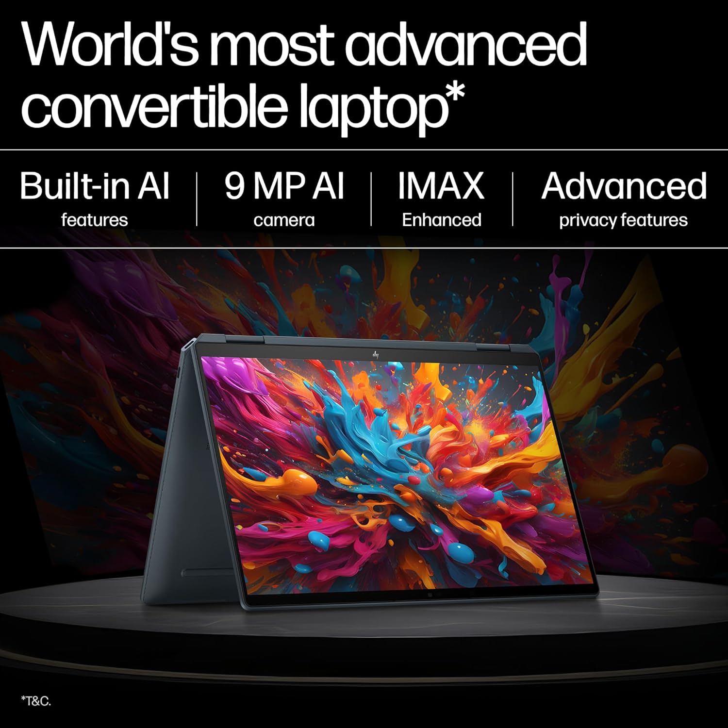 HP Spectre x360 14 Slate Blue convertible laptop with vibrant display in tent mode showcasing advanced AI and IMAX features