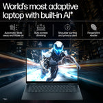 HP Spectre x360 14 Slate Blue laptop with AI features showing futuristic design and dynamic screen display