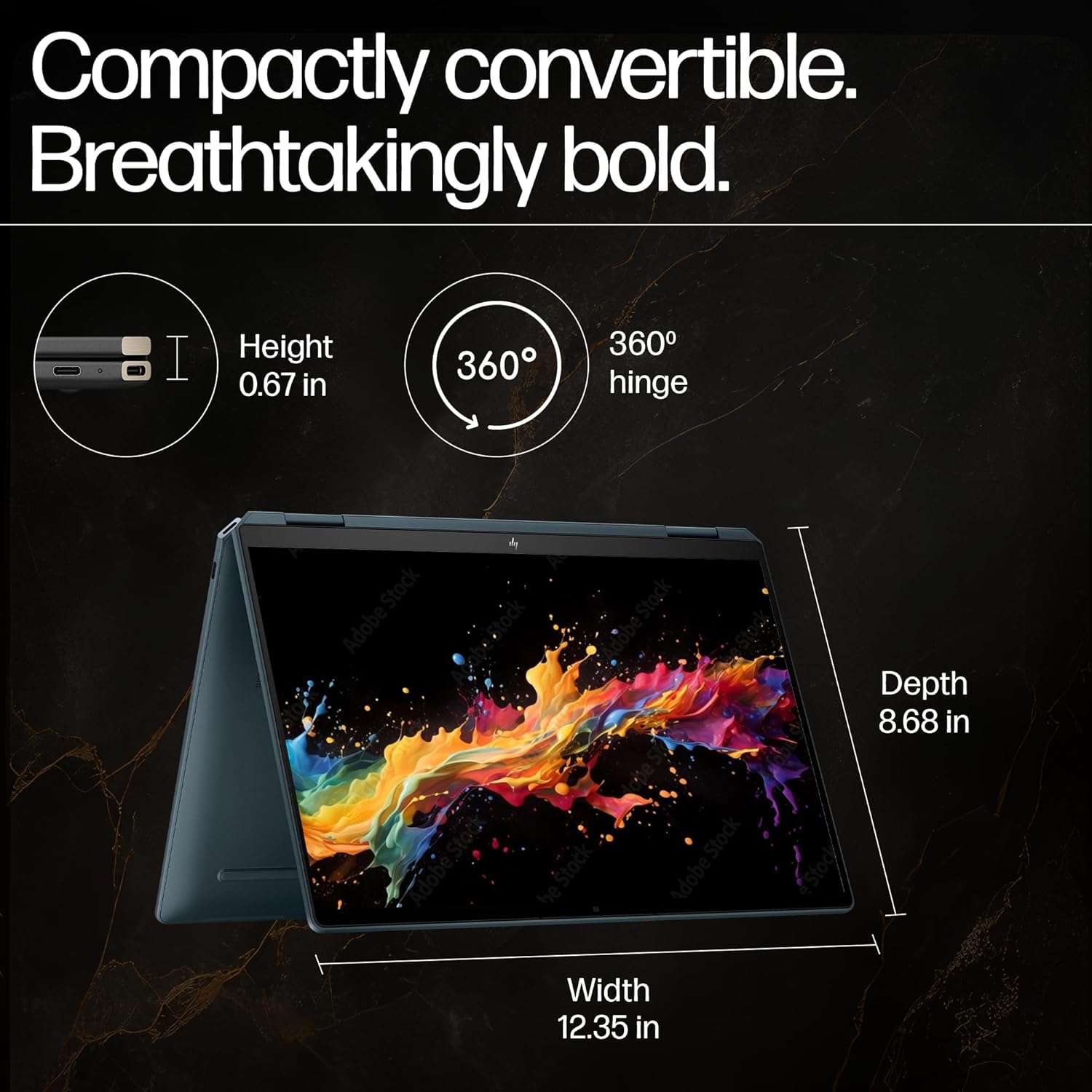 HP Spectre x360 14 Slate Blue laptop shown in tent mode with 360 degree hinge and compact design