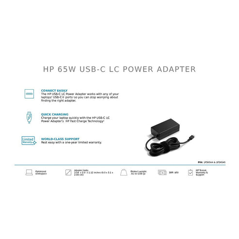 HP USB-C Charger 65W black power adapter with fast charging and one-year warranty