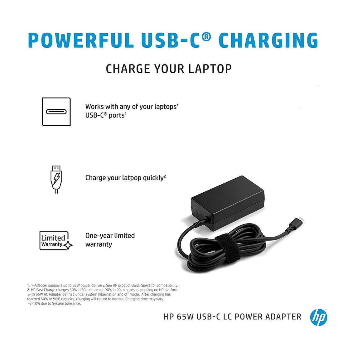 HP USB-C Charger 65W black power adapter with USB-C cable for fast laptop charging