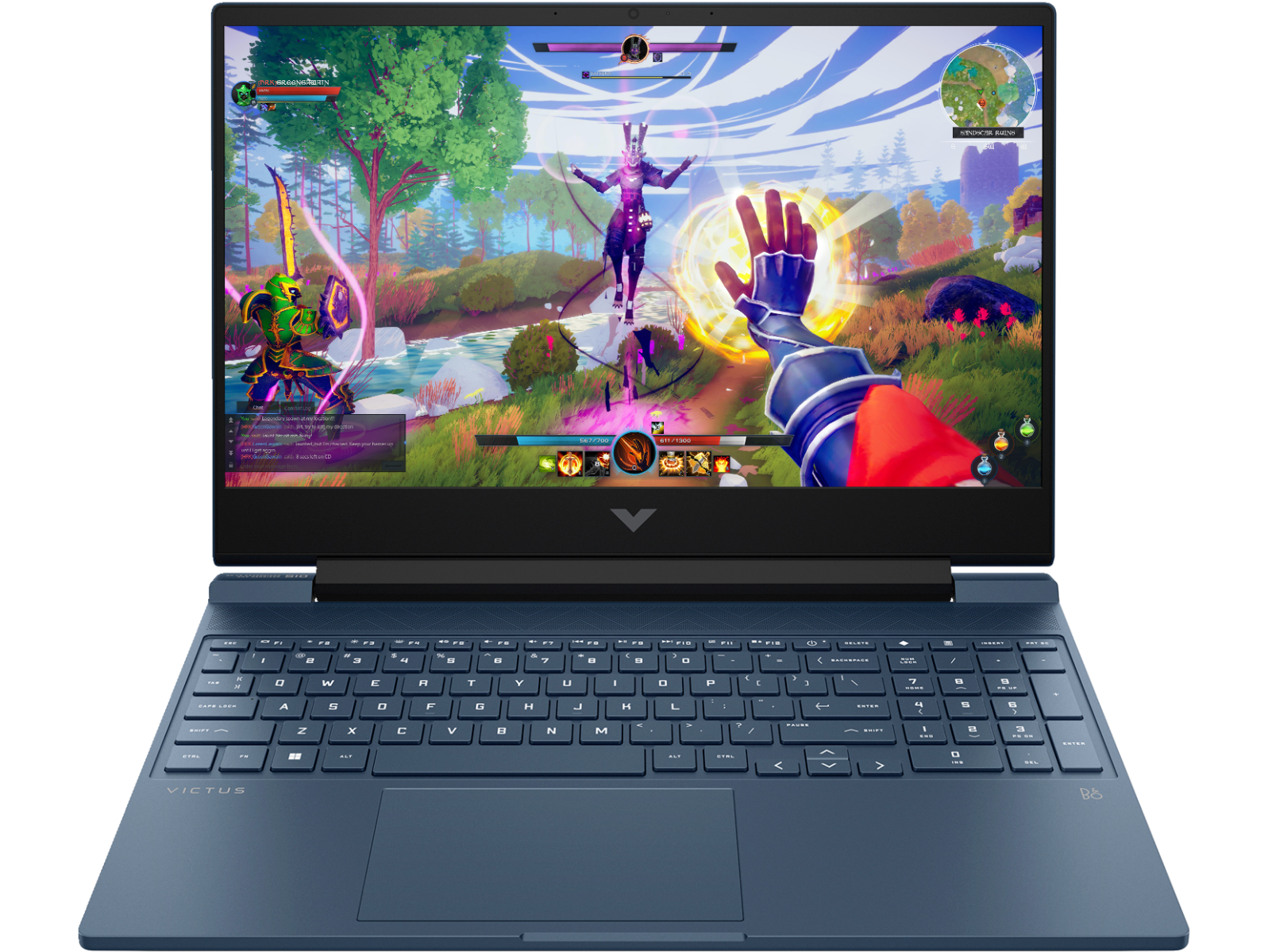 HP Victus 15 gaming laptop displaying a colorful fantasy video game on the screen with full keyboard