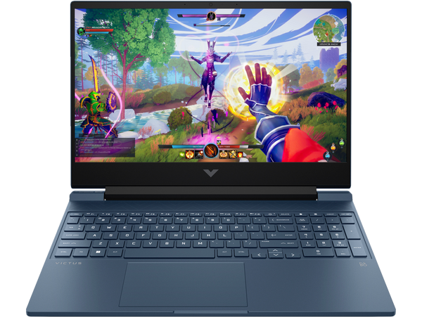 HP Victus 15 gaming laptop displaying a colorful fantasy video game on the screen with full keyboard