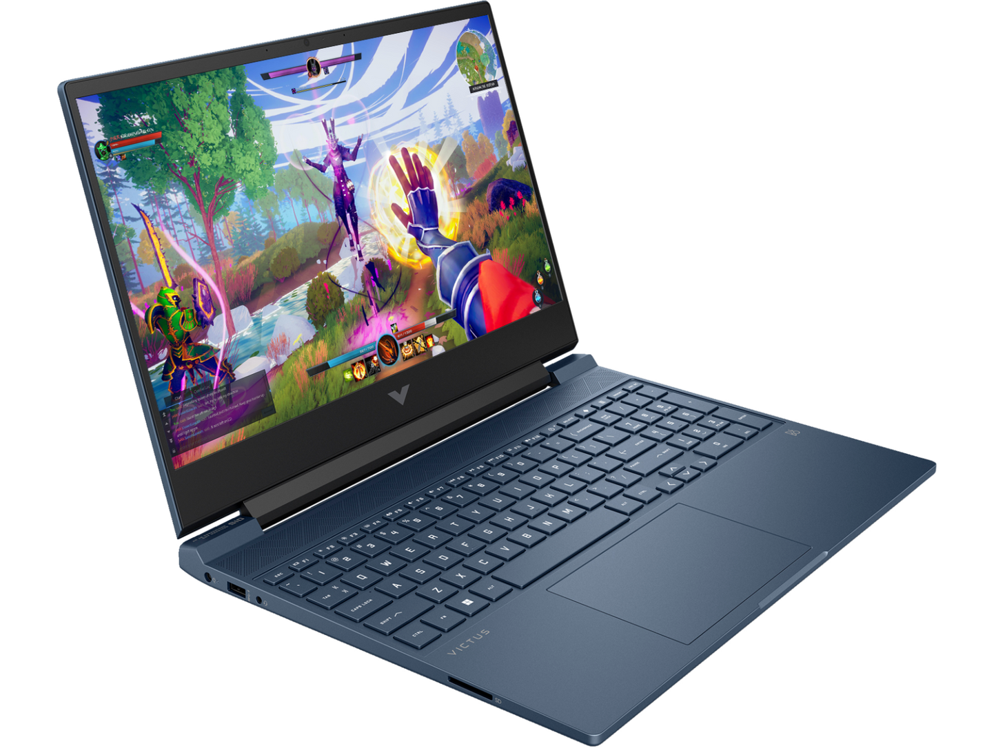 HP Victus 15 Ryzen 5 gaming laptop with open screen showing vibrant action game and full keyboard