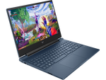 HP Victus 15 Ryzen 5 gaming laptop with open screen showing vibrant action game and full keyboard