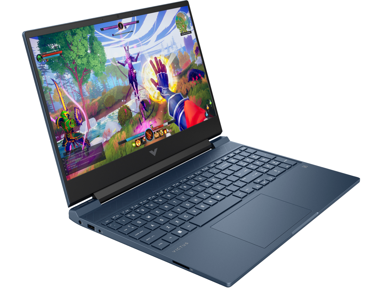 HP Victus 15 Ryzen 5 gaming laptop with open screen showing vibrant action game and full keyboard
