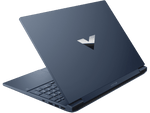 Sleek dark blue HP Victus 15 Ryzen 5 gaming laptop partially open showing keyboard and ports