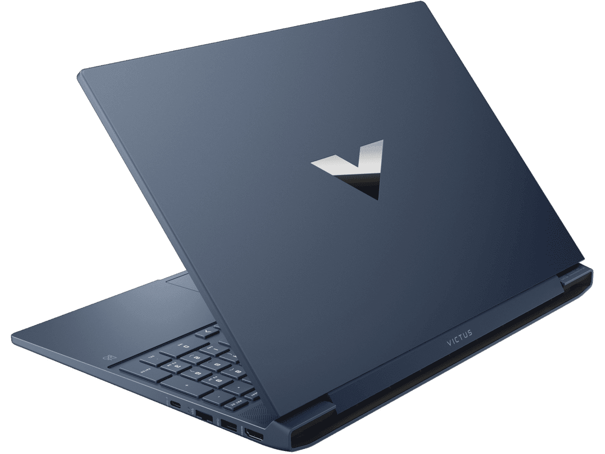 Sleek dark blue HP Victus 15 Ryzen 5 gaming laptop partially open showing keyboard and ports