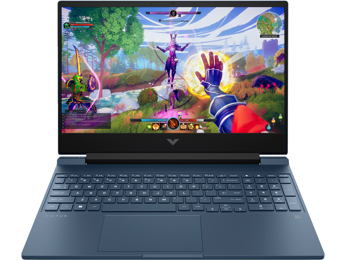 HP Victus 15 Ryzen 5 gaming laptop displaying a colorful fantasy video game on screen