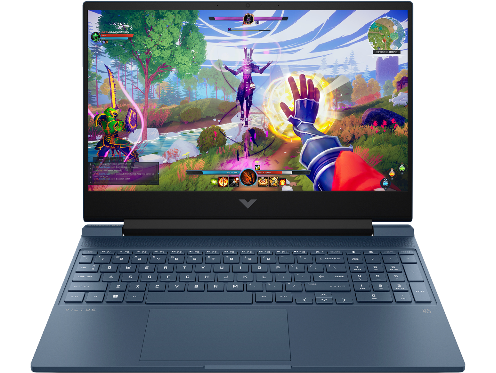 HP Victus 15 Ryzen 5 gaming laptop displaying a colorful fantasy video game on screen