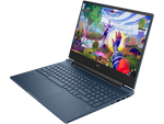 HP Victus 15 Ryzen 5 gaming laptop showing a colorful game on screen with full keyboard and ports