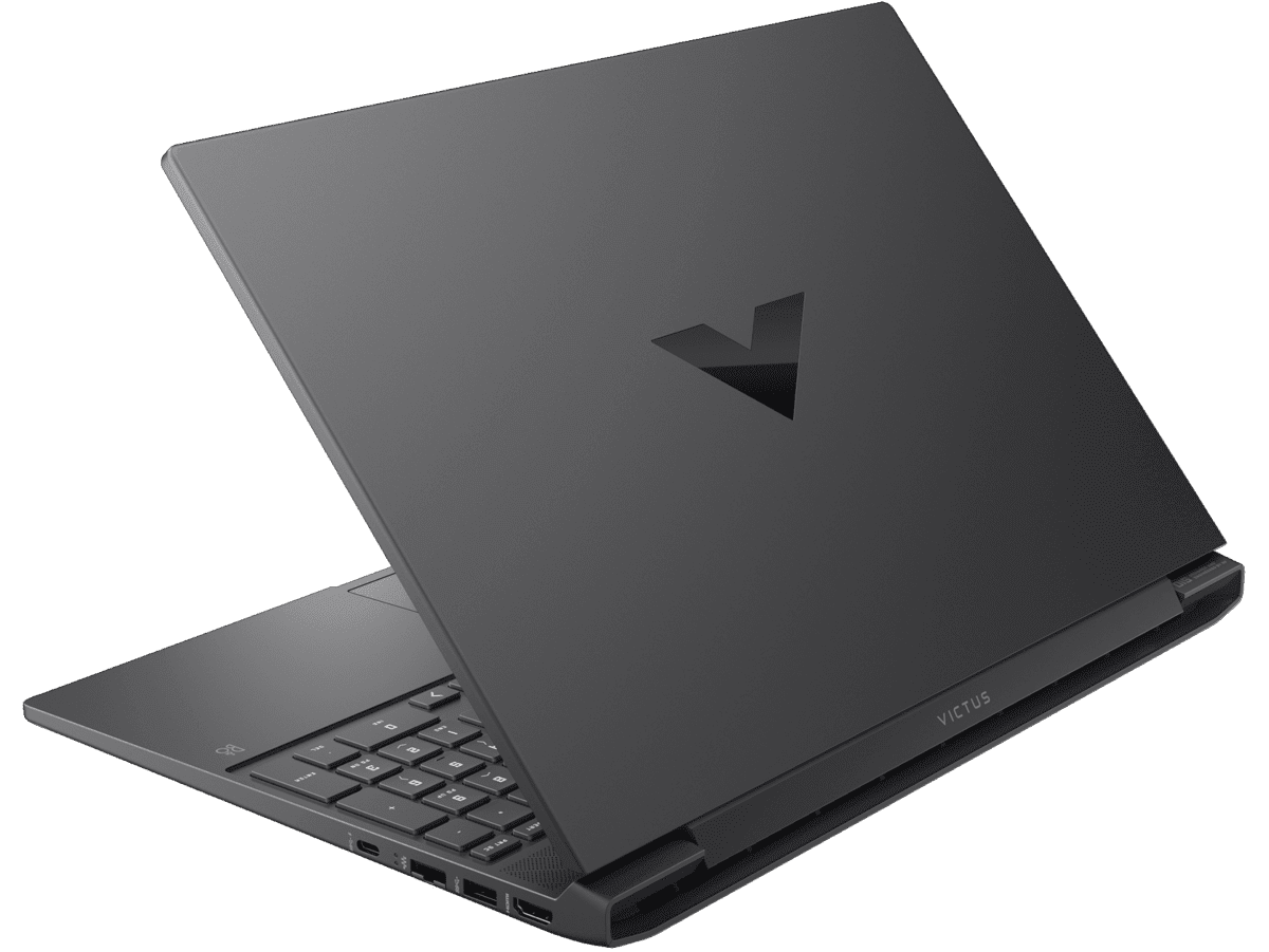HP Victus Gaming Laptop i5 sleek black design partially open showing keyboard and ports