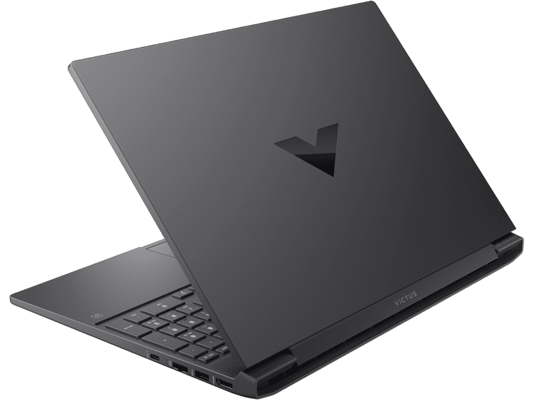 HP Victus Gaming Laptop i5 sleek black design partially open showing keyboard and ports