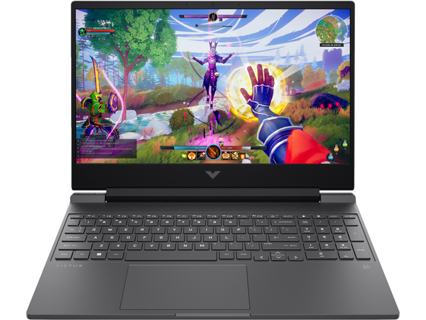 HP Victus Gaming Laptop i5 showing a fantasy game screen with colorful characters and environment