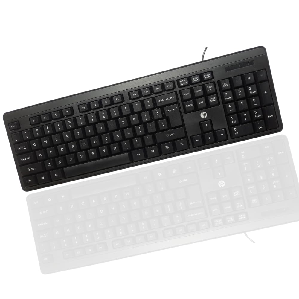 HP Wired Keyboard K100 in black with full-size layout and wired USB connection