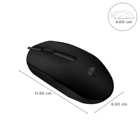Black HP wired optical mouse with ergonomic design and compact size shown with dimensions