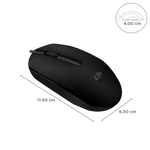 Black HP wired optical mouse with ergonomic design and compact size shown with dimensions