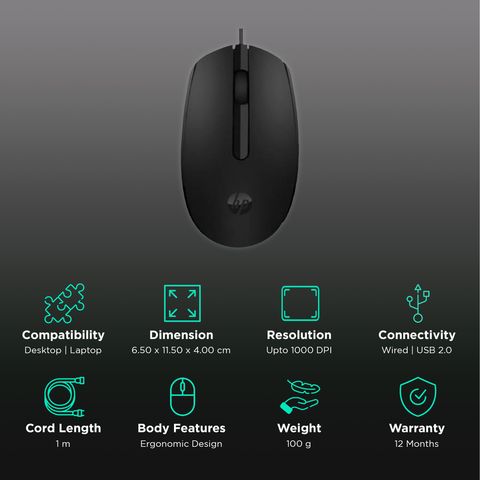 HP wired optical mouse in black with ergonomic design and wired USB 2.0 connectivity