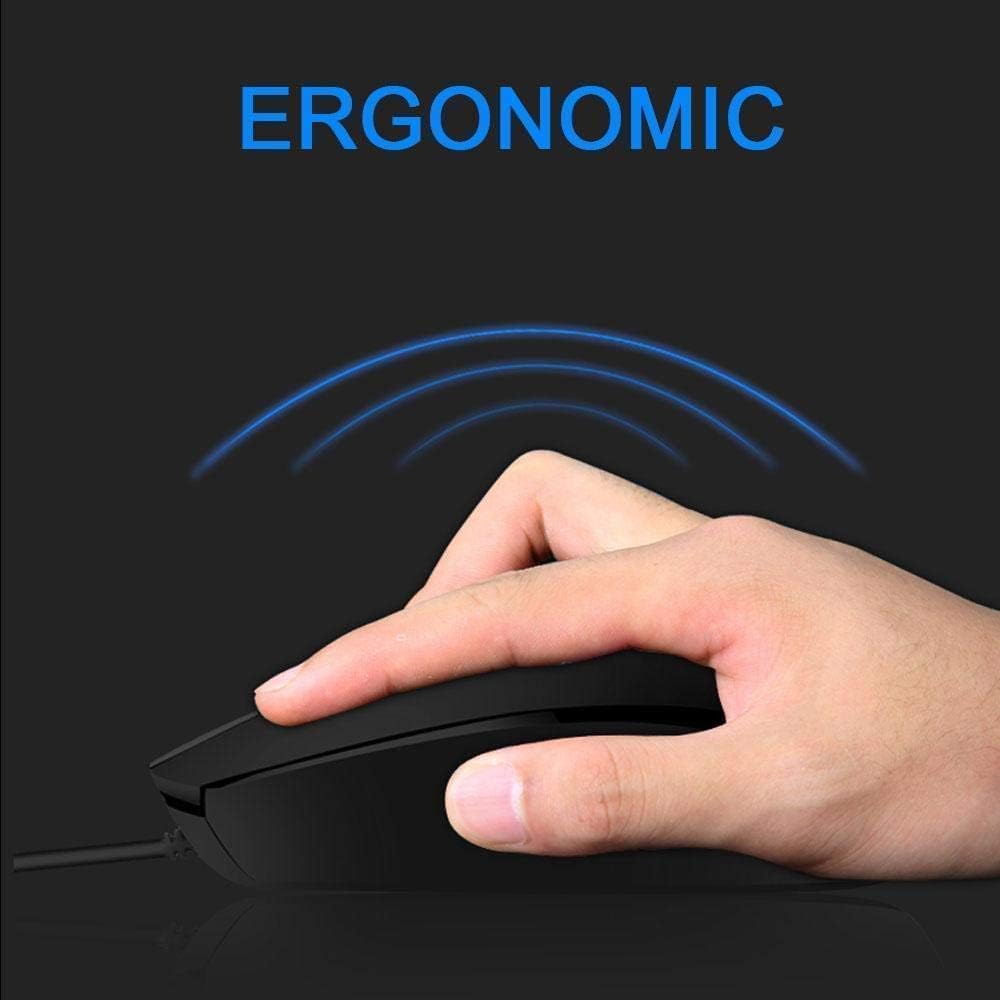 HP wired optical mouse shown in hand highlighting its ergonomic design for comfortable use