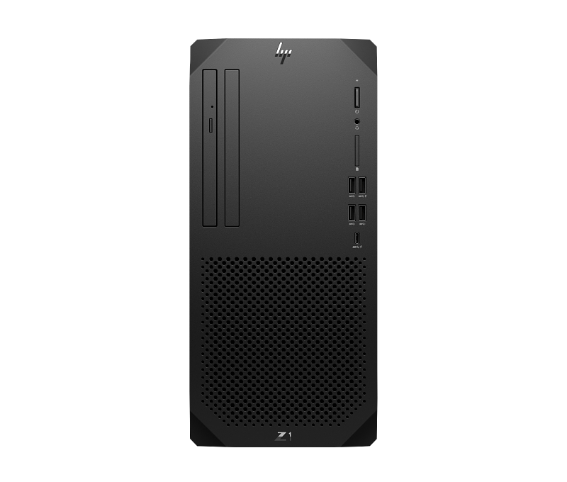 Front view of HP Z1 G9 Tower Desktop in black with multiple USB ports and optical drive slots