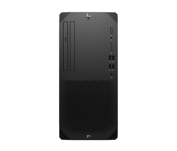 Front view of HP Z1 G9 Tower Desktop in black with multiple USB ports and optical drive slots