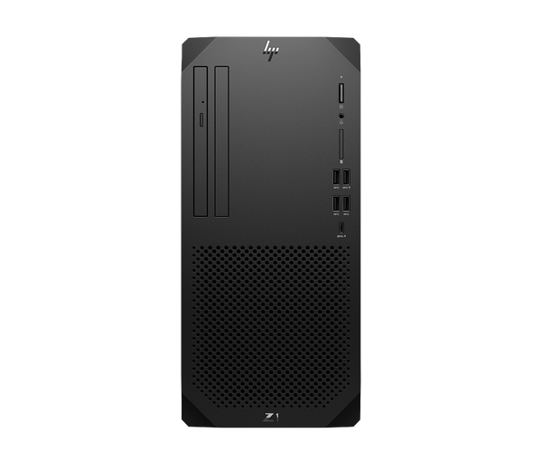 Front view of black HP Z1 G9 Tower Desktop with multiple USB ports and optical drive slots
