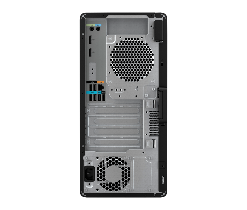 Back view of HP Z2 G9 Tower Desktop showing cooling fans, expansion slots, and cable ports