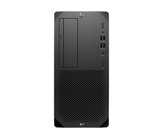 Front view of HP Z2 G9 Tower Desktop in black with multiple USB ports and optical drive