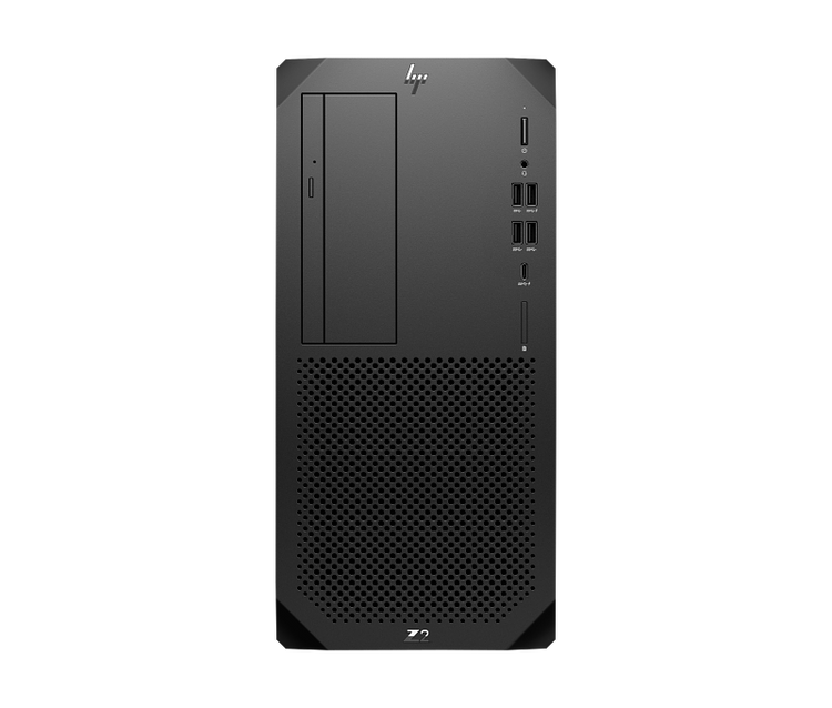 Front view of HP Z2 G9 Tower Desktop in black with multiple USB ports and optical drive