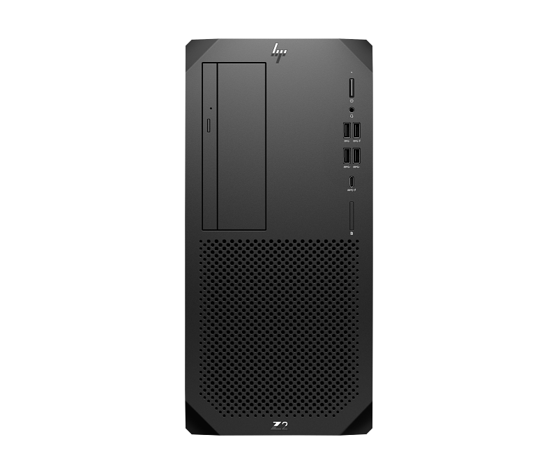 Front view of HP Z2 G9 Tower Desktop PC in black with multiple USB ports and optical drive bay