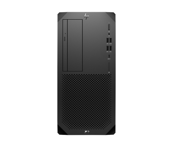 Front view of HP Z2 G9 Tower Desktop PC in black with multiple USB ports and optical drive bay