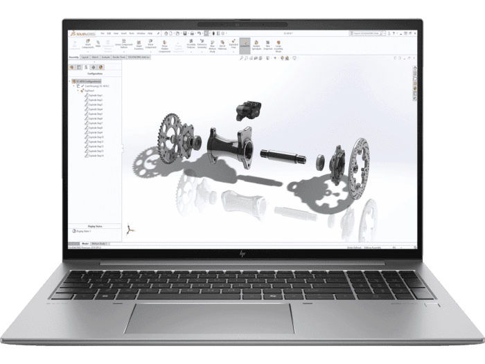 HP ZBook Firefly 16 G11 laptop with 16 inch display showing 3D mechanical design software