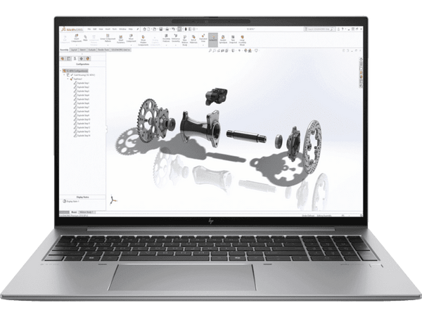 HP ZBook Firefly 16 G11 laptop with 16 inch display showing 3D mechanical design software