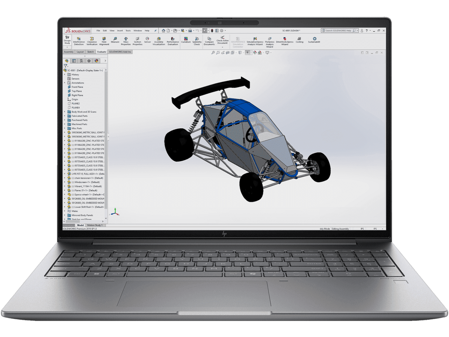 HP ZBook Firefly 16 G11 laptop with CAD software displaying 3D model of a race car