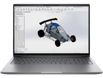 HP ZBook Firefly 16 G11 laptop with CAD software displaying 3D model of a race car