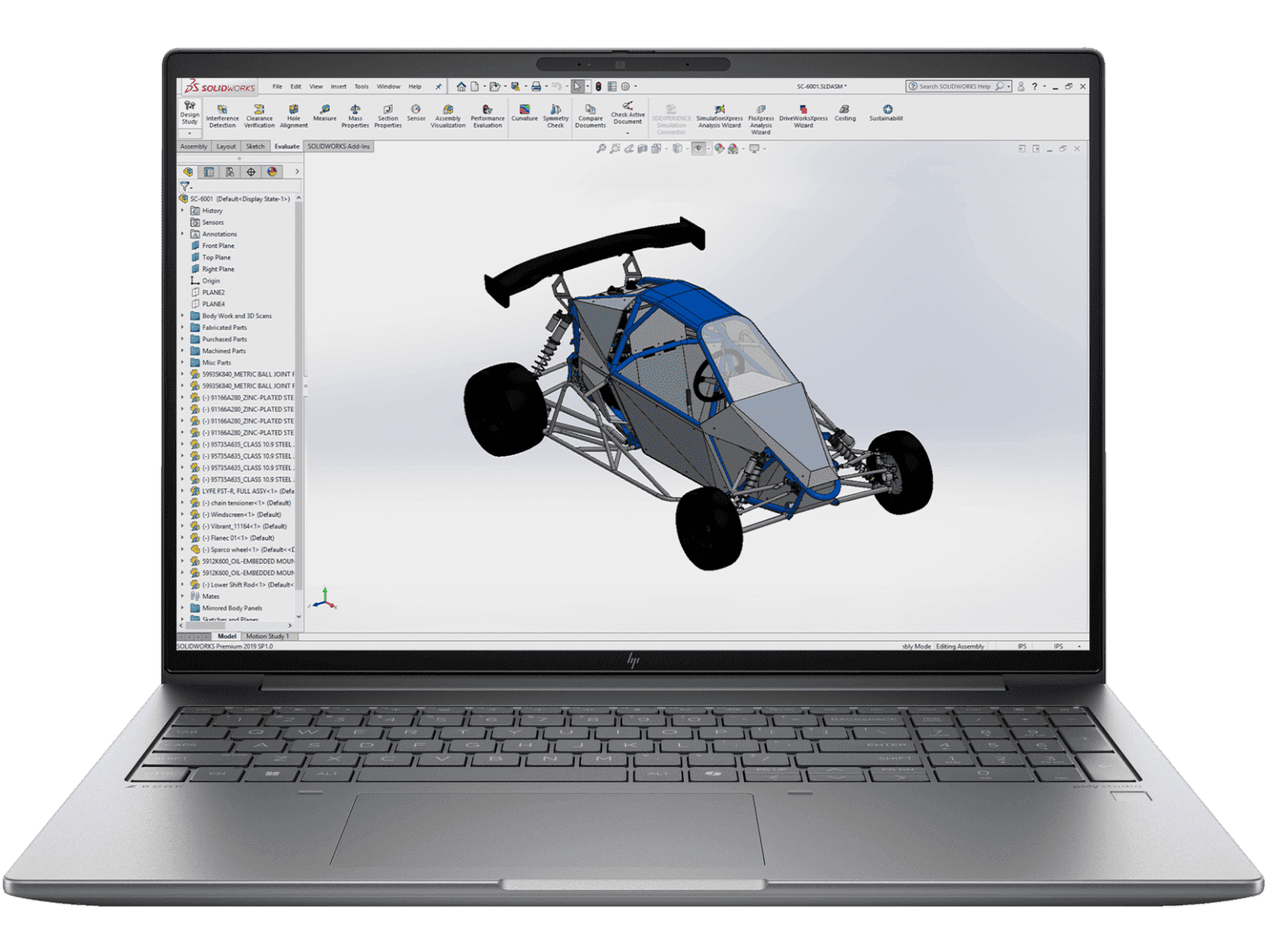 HP ZBook Firefly 16 G11 laptop with CAD software displaying 3D model of a race car