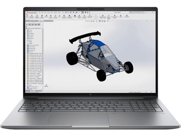 HP ZBook Firefly 16 G11 laptop with CAD software displaying 3D model of a race car