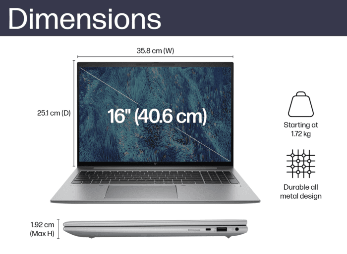 HP ZBook Firefly 16 G11 laptop showing 16 inch screen with dimensions and weight details