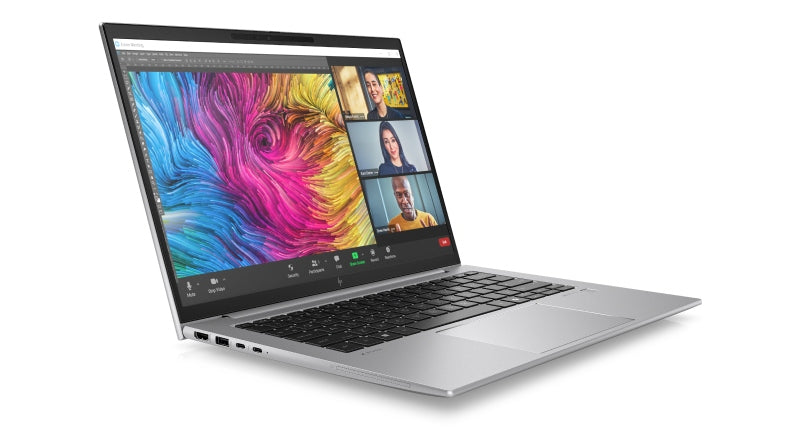 HP ZBook Firefly 16 G11 laptop in silver with colorful display and video call on screen