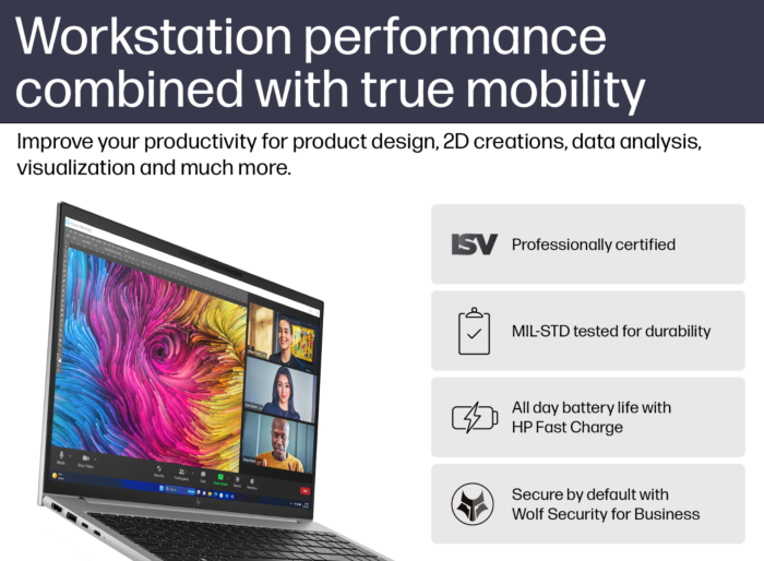 HP ZBook Firefly 16 G11 laptop showing vibrant screen and video call with workstation performance features