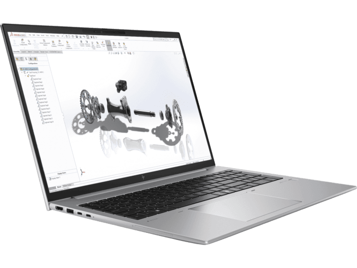 HP ZBook Firefly G11 workstation laptop with silver chassis showing 3D design software on screen