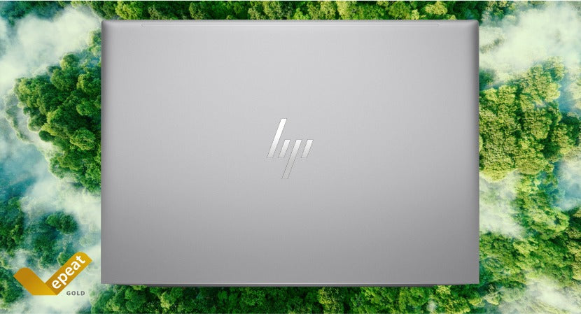Silver HP ZBook Firefly G11 workstation laptop closed top view with HP logo on eco-friendly background