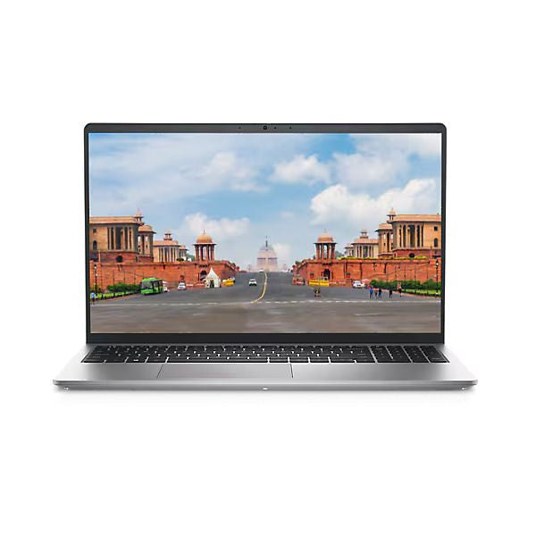 Dell Inspiron 3530 silver laptop open front view showing thin bezels and full keyboard with city wallpaper