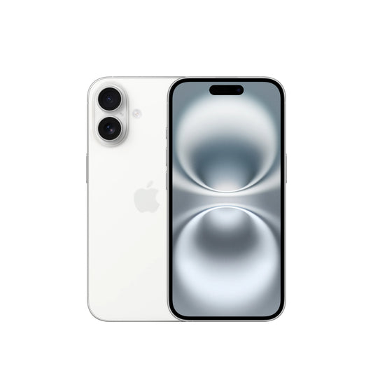 Apple iPhone 16 White 128GB purchase showing front and back view with dual cameras