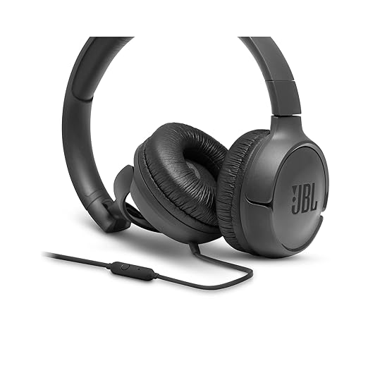Black JBL Tune 500 headphones with cushioned ear cups and wired inline remote control
