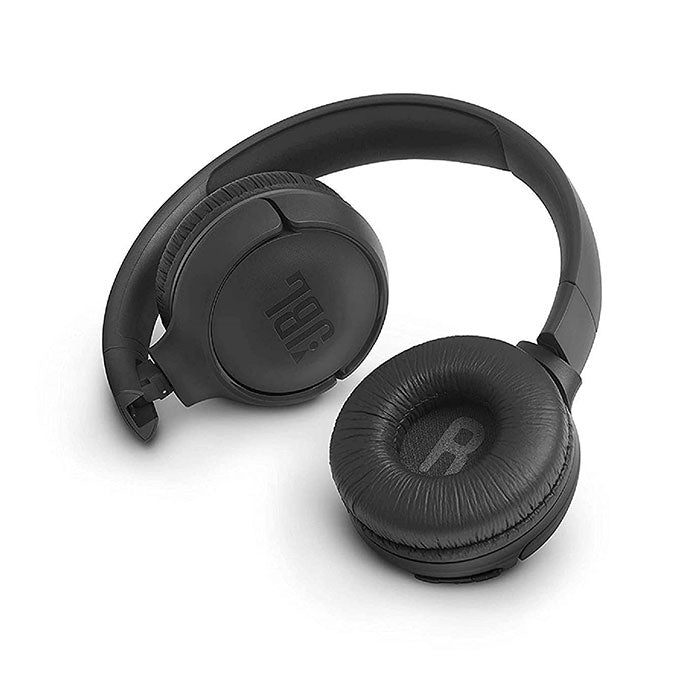 Black JBL Tune 500 wireless headphones folded with cushioned ear pads and JBL logo